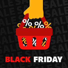 Black Friday square banner with a cartoon hand holding a red shopping basket with percentages inside as a discount special offer. Flat flyer design for November sale, promotion, retail, e-commerce.