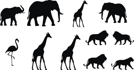 Black silhouette vector illustrations of elephants, giraffes, lions, and flamingo in various poses for wildlife, nature, and animal design artwork