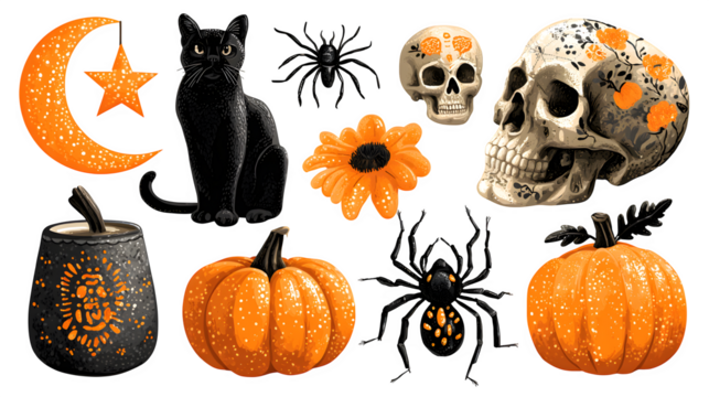 Halloween symbols vector set including crescent moon, cat, star, skeleton, spider, and pumpkins, isolated on white background