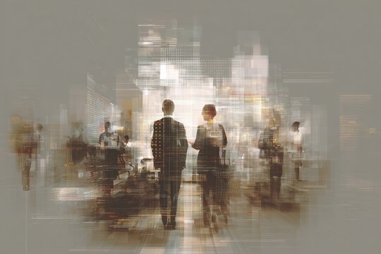 Diverse business people walking in a modern office building, surrounded by digital data streams. Concept of technology integration in corporate environment. - Powered by Adobe