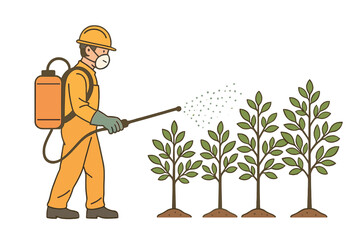 A farmer sprays pesticide or herbicide on agricultural plants, while a man applies chemicals or fertilizer to a plantation, treating pests and illustrating the vector