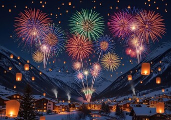 Naklejka premium Vibrant Fireworks Over Snowy Mountains and Town at Night with Floating Lanterns