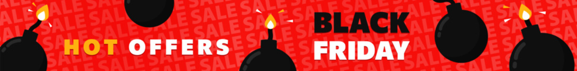 Black Friday hot offers header with cartoon bombs and fire on red background filled with sale text. Panoramic banner - cartoon bombs with lit fuses, discount offer. Bold promotional vector design
