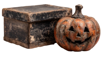 Halloween themed pumpkin with wooden box rustic style, isolated on white background