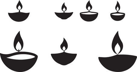 his image displays a collection of seven black silhouetted diya lamps. Each diya, a traditional oil lamp, features a small bowl with a flickering flame rising from its center. 