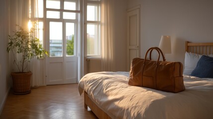 Fototapeta premium Cozy Hotel Room with Sunlight Streaming Through Window at Golden Hour