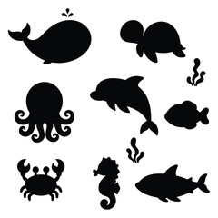 Sea Animal Silhouette Set Flat 2D Simple Vector
