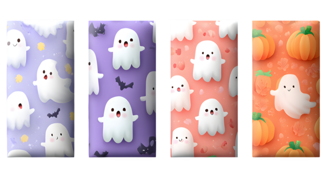 Pastel Halloween seamless pattern with playful ghosts and pumpkins, isolated on white background