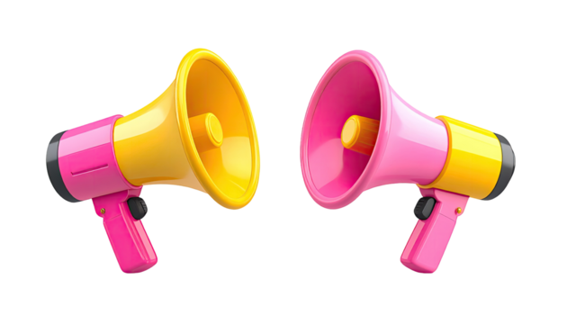 Two cartoon megaphones, one yellow and one pink, angled slightly outward, appear to be broadcasting