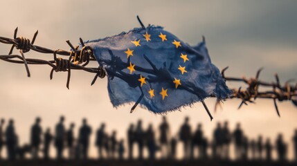 Barbed Wire Fence With a Torn European Union Flag and Silhouettes of People in the Background During Twilight