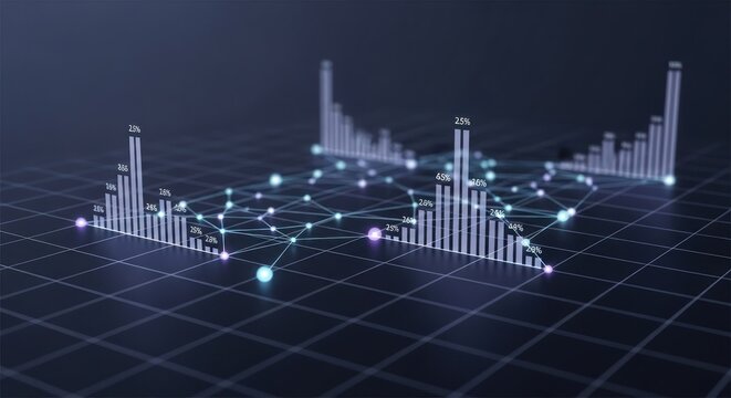 Futuristic visualization of interconnected data networks and complex analytics represented by glowing 3D bar charts - Powered by Adobe