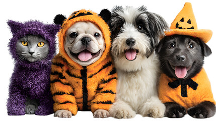Pets in Halloween costumes cut-out festive clipart, isolated on white background