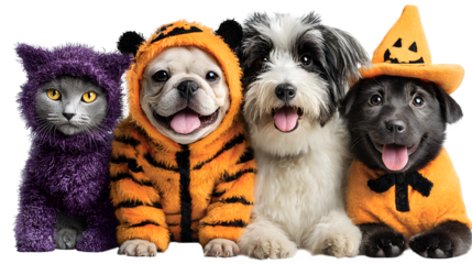 Pets in Halloween costumes cut-out festive clipart, isolated on white background