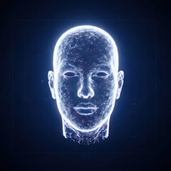 Futuristic artificial intelligence concept featuring a glowing digital human face constructed from a network of nodes and lines