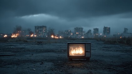 Post-apocalyptic scene with a burning television