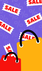 Black Friday sale vertical banner with red and yellow shopping bags and falling sale tickets on purple background with percent signs as discount offer. Promo poster, flyer, social media post