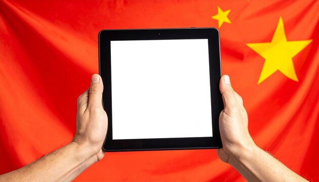Hands holding tablet with blank screen in front of Chinese flag—symbolizing digital presence and national identity.