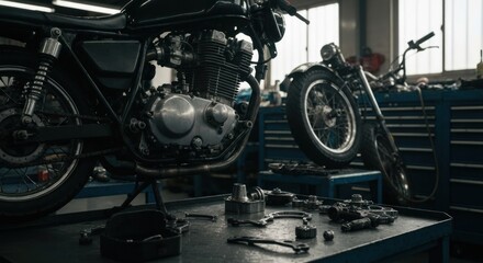Black motorcycle in a workshop.  Parts and tools laid out on a workbench