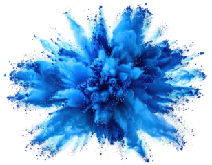 Abstract explosion of vibrant blue and white ink.  A central, dense cluster of blue ink bursts outward in a swirling, radiating pattern, with lighter, white highlights and streaks