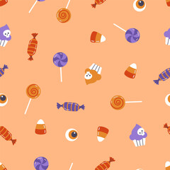 Halloween treats seamless pattern. Cupcake, sweet, candy etc in cartoon flat style. Cute background for Halloween party fabric or kids stuff. Vector illustration	