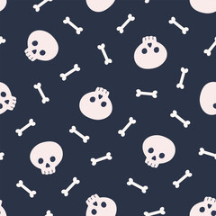 Halloween seamless pattern with sculls and bones. Cute background for Halloween party fabric or kids stuff. Cartoon flat style. Vector illustration	