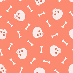 Halloween seamless pattern with sculls and bones. Cute background for Halloween party fabric or kids stuff. Cartoon flat style. Vector illustration	