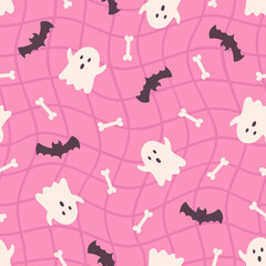 Halloween seamless pattern. Cute background for Halloween party fabric or kids stuff. Ghosts, bats and bones in cartoon flat style. Vector illustration	