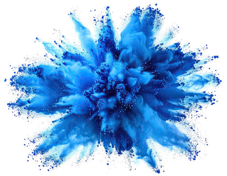 Abstract explosion of vibrant blue and white ink.  A central, dense cluster of blue ink bursts outward in a swirling, radiating pattern, with lighter, white highlights and streaks