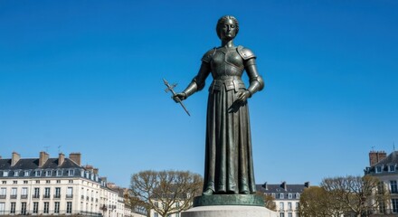 Obraz premium Bronze statue of a woman in armor, outdoors
