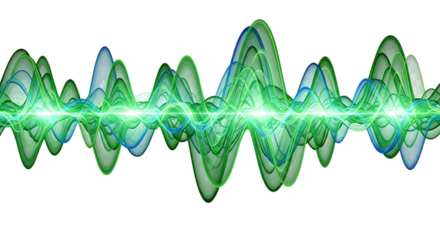 Dynamic green and blue abstract sound wave visualization with vibrant energy pulses, perfect for tech and music themes