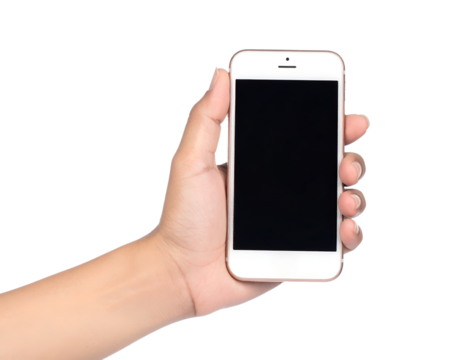 Hand holding mobile smart phone with black screen on white background.
