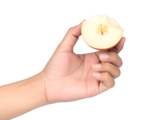 hand holding bite of japanese apple isolated on white background