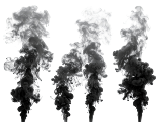 Abstract monochrome smoke plumes. Four distinct, swirling formations of gray and black smoke against a white background
