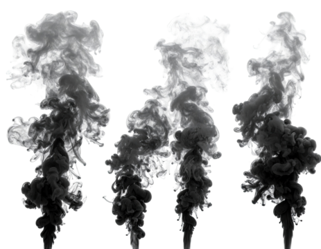 Abstract monochrome smoke plumes. Four distinct, swirling formations of gray and black smoke against a white background