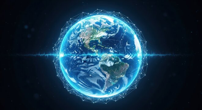 Futuristic vision of planet Earth surrounded by a glowing network grid, illustrating the concept of global interconnectedness and digital communication