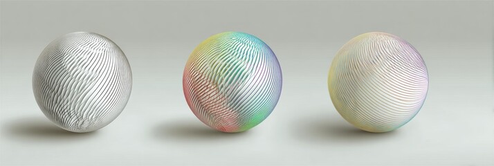 Three Spherical Designs Showcasing Unique Textures and Colors Against a Neutral Background, Highlighting Modern Artistry and Digital Creativity