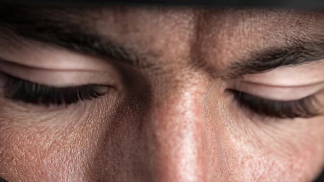 Deep Contemplation: Close-up shot of a focused eye area shows a person deep in thought, with eyes gently closed, capturing an essence of quiet contemplation.