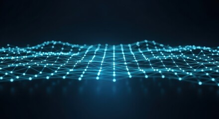A futuristic digital landscape depicting a glowing blue network of interconnected nodes, representing concepts of data, communication, and technology