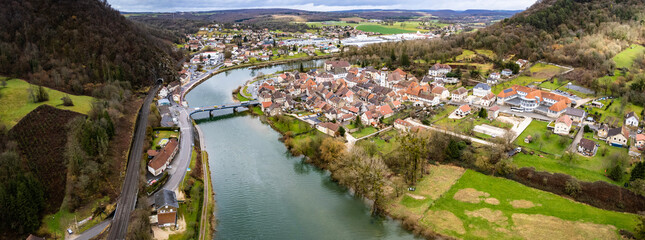 An aerial panoramic view around the old town of the city Meursault in France on a sunny day in early spring
