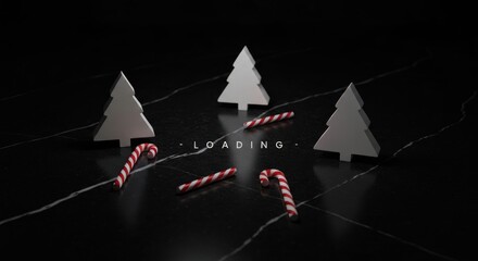 A dark, minimal scene with three white Christmas trees and red and white candy canes. The word "LOADING" is displayed in the center