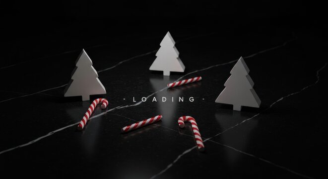 A dark, minimal scene with three white Christmas trees and red and white candy canes. The word "LOADING" is displayed in the center - Powered by Adobe