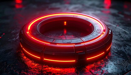 Glowing red circular ring on dark cracked surface—evoking futuristic tech and sci-fi energy.