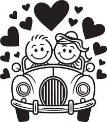Fototapeta premium Love's Journey: Two stick figures embark on a romantic adventure, cruising in a classic car surrounded by hearts, celebrating love and companionship. 