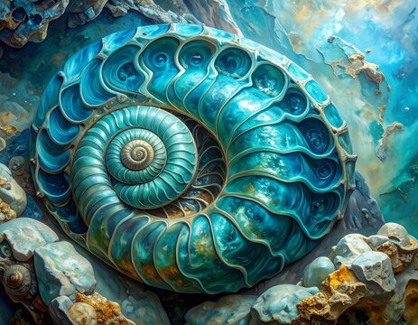 Enchanting turquoise nautilus shell in an aquatic fantasy landscape