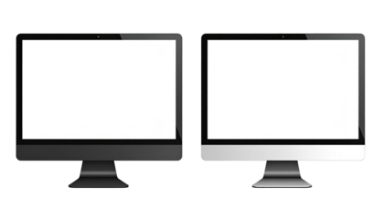 Two blank computer monitors, one black, one silver, are displayed side-by-side.  Both have a rectangular shape with a glossy finish