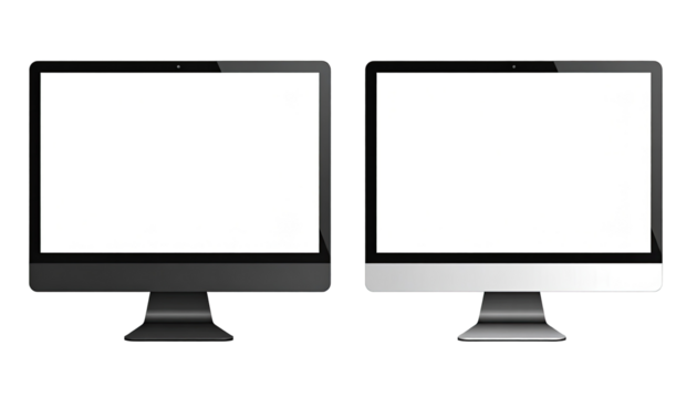 Two blank computer monitors, one black, one silver, are displayed side-by-side.  Both have a rectangular shape with a glossy finish
