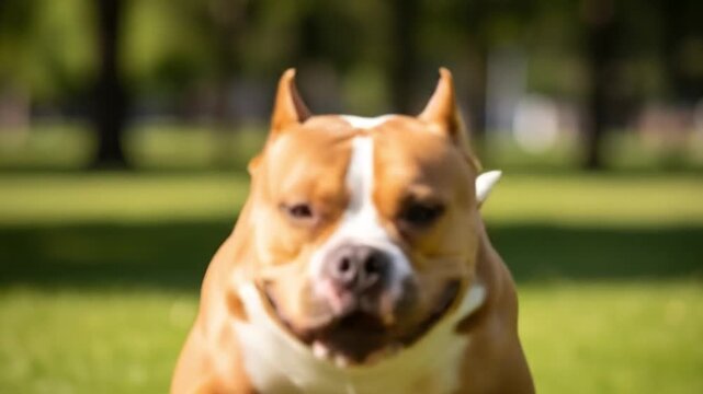 Energetic american bully dog running in park