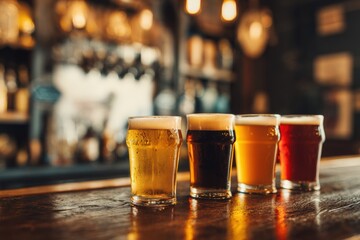 Four glasses of different beers on a bar
