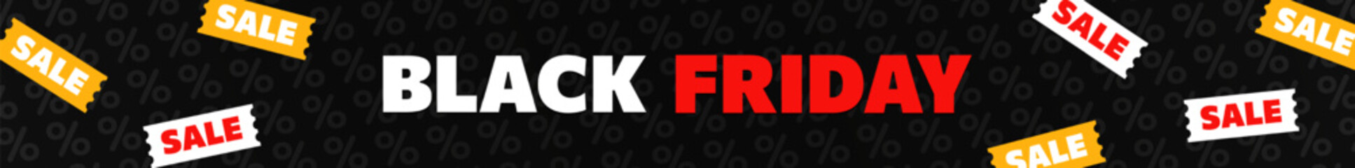 Black Friday wide panoramic banner with red and yellow sale tickets on dark background with percent signs pattern. Advertising header with flat vector coupons, vouchers for discounts and promotions.