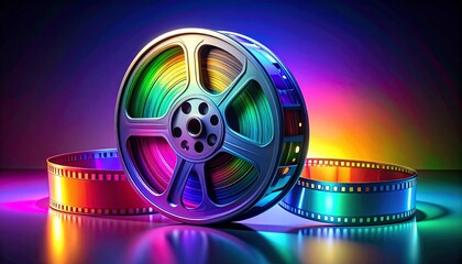 Rainbow-gradient film reel with colorful unwound filmstrip on dark glowing background—symbolizing cinematic art and creativity.